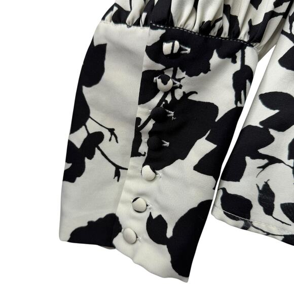Who What Wear Black White Floral Blouse Top Size M Button Cuff Long Sleeve Chic - Picture 7 of 10